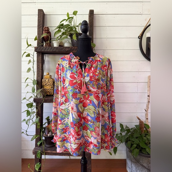 Belle by Kim Gravel: Vibrant Floral Blouse with Tassel Detail - Picture 4 of 17